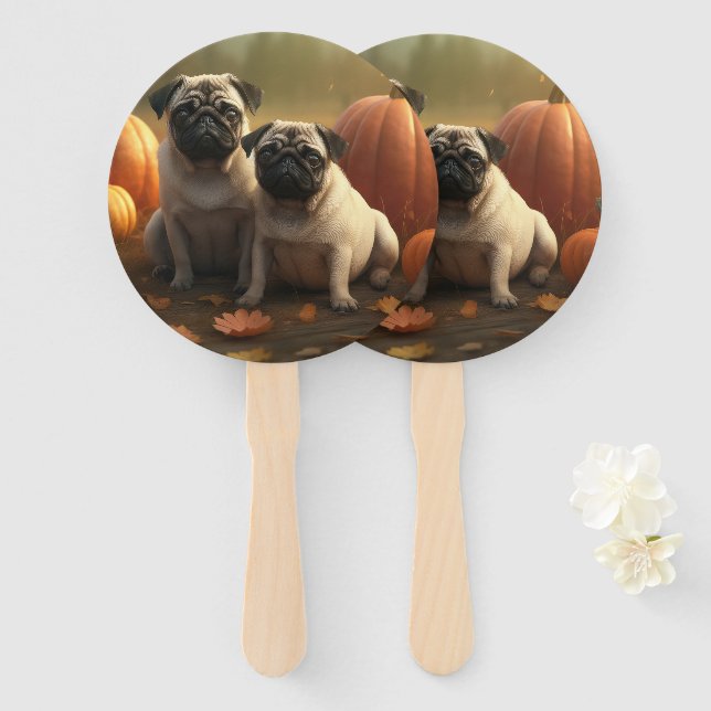 Leque Pug Puppy Autumn Delight Pumpkin (Frente e Verso)