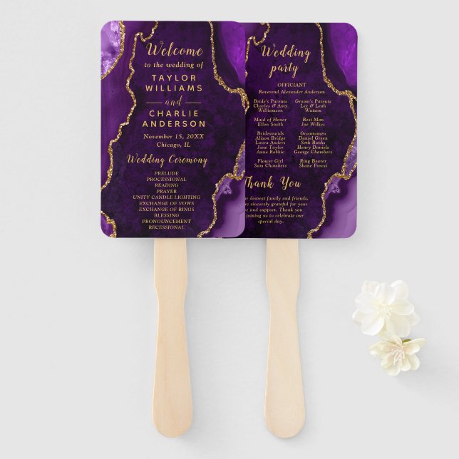 Leque Purple and Gold Agate Wedding Program (Frente e Verso)