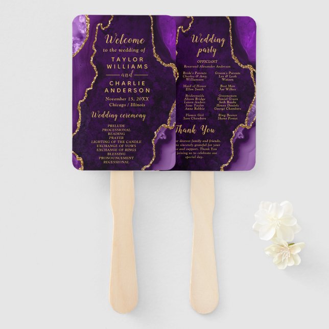 Leque Purple and Gold Agate Wedding Program (Frente e Verso)