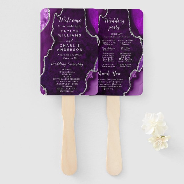 Leque Purple and Silver Agate Wedding Program (Frente e Verso)