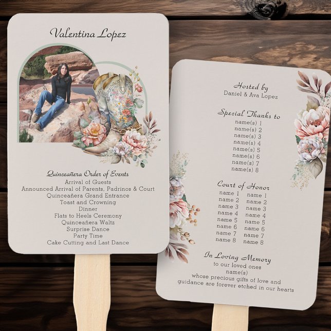 Leque Quinceanera Ordem dos Acontecimentos Boot Floral (Order of Events program fans from my Boho Floral Cowgirl Boots Quinceanera Collection
)