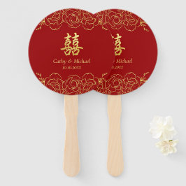 Leque Red gold floral border chinese casamento duplo xi