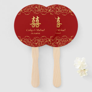 Leque Red gold floral border chinese casamento duplo xi