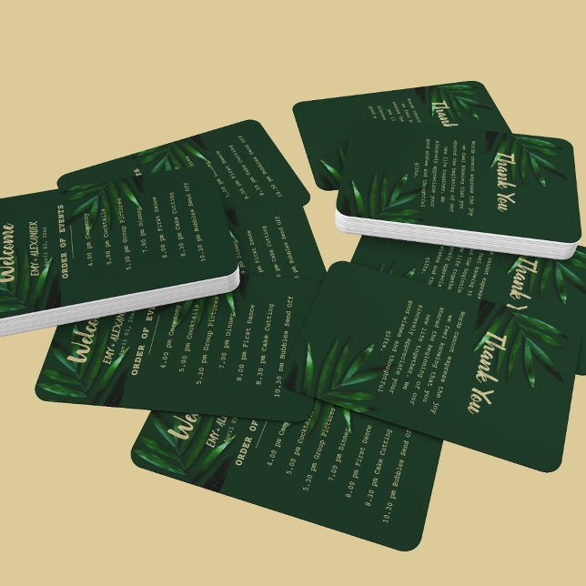 Leque Rich Green Ouro Theme (Hand fan with wedding event details along with a thank you note)