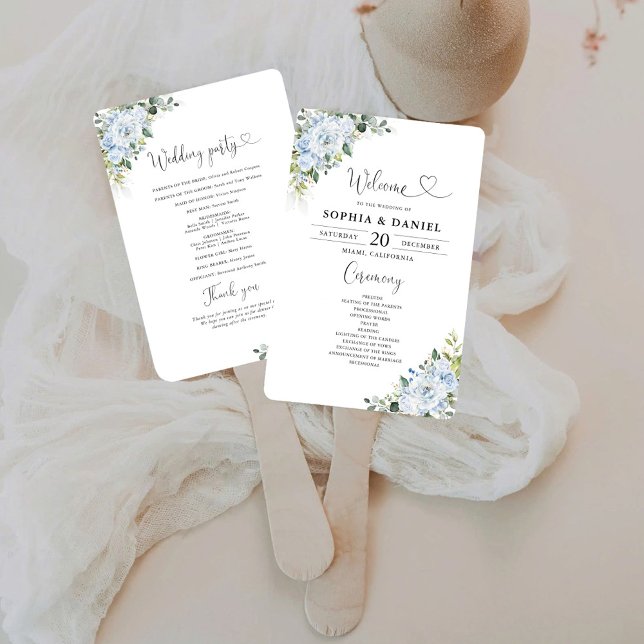 Leque Romantic Light Blue Floral Wedding Program  (Criador carregado)