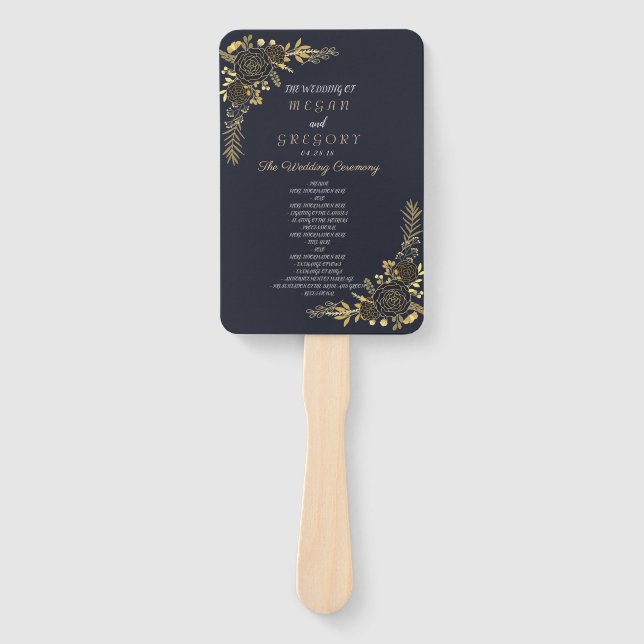 Leque Romântico floral dourado Azul Naval   mão (Frente)