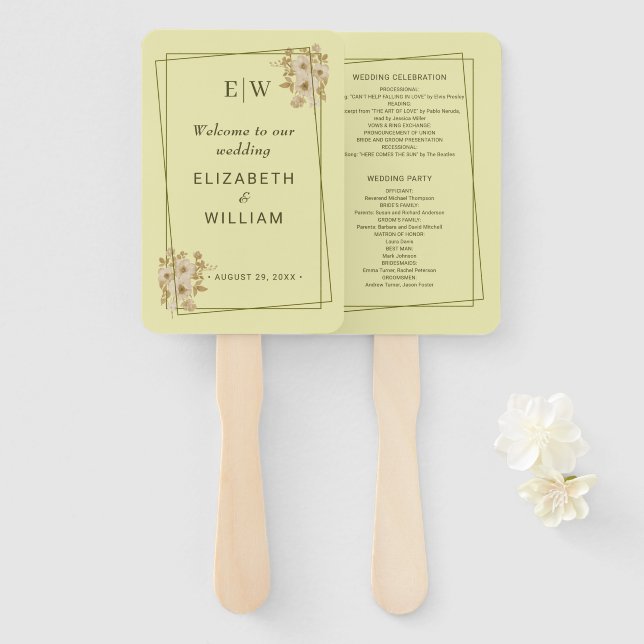 Leque Rosa - Casamento Amarelo Celestial Monograma (Frente e Verso)