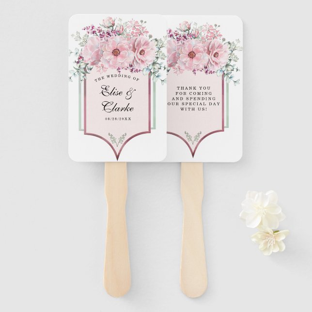 Leque Rosa de Botânico Dourado Floral e Eucalyptus Weddi (Frente e Verso)