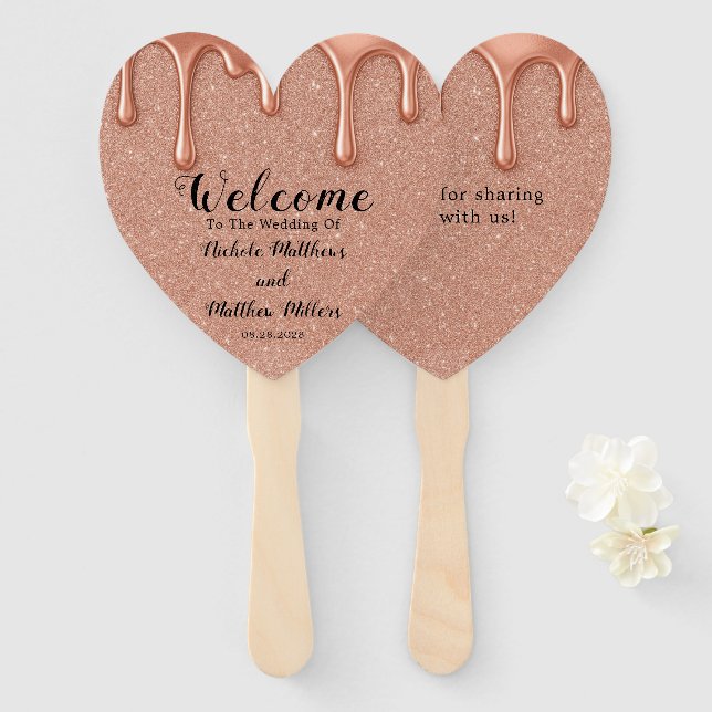 Leque Rosa Dourada Glitter & Drips Casamento Obrigado (Frente e Verso)