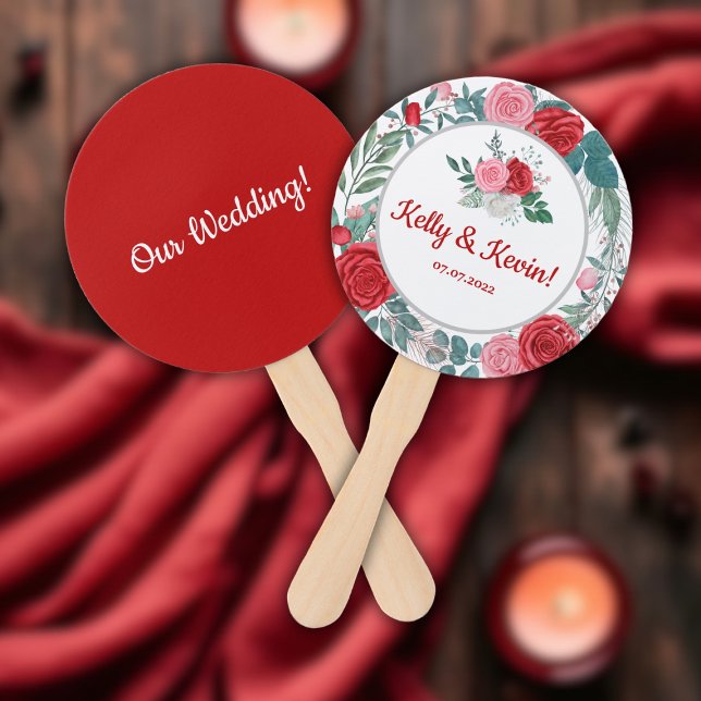 Leque Rosa vermelha Casamento de Aquarela (Red Rose Watercolor Wedding Hand Fan)