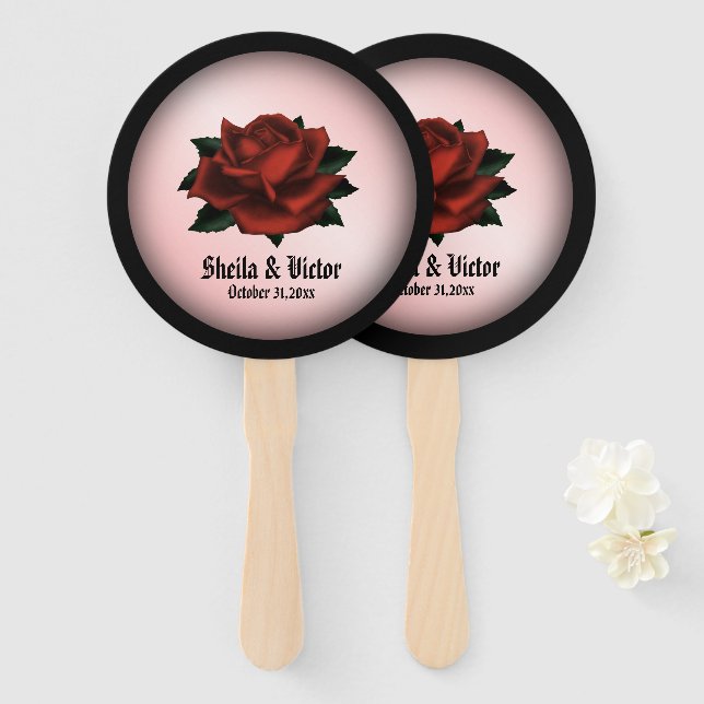 Leque Rosa vermelha de Casamento Gótico Pessoal (Frente e Verso)