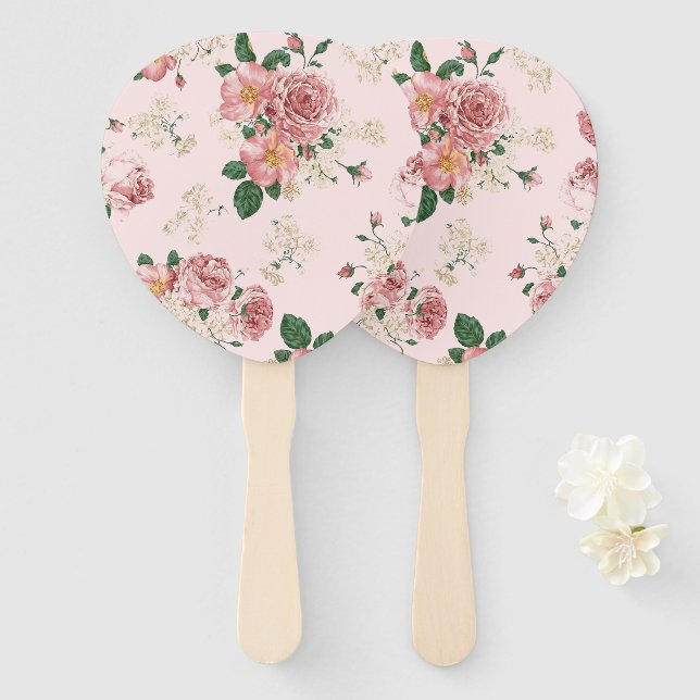 Leque Rosa Vintage Floral (Frente e Verso)