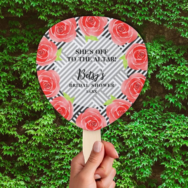 Leque Rosas de Aquarela Chá de panela Derby Black Strips (Watercolor Roses Black Stripes Derby Bridal Shower Hand Fans)
