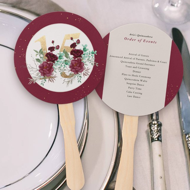 Leque Rosas vermelhas de Quinceanera Ordem dos Acontecim (Quinceanera Program Hand Fans with Order of Events and Gold number 15 and floral arrangement)