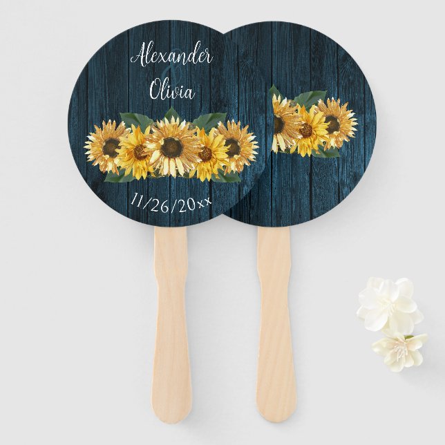 Leque Rustic Blue Sunflower Wedface Fan (Frente e Verso)