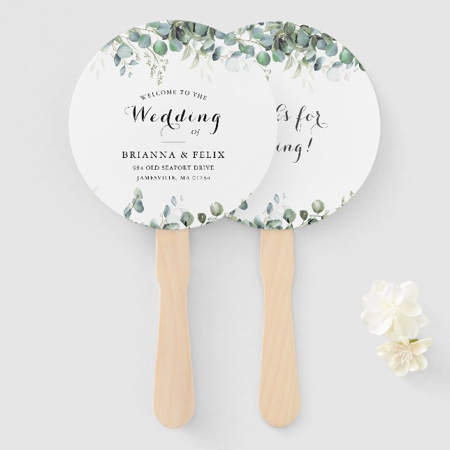 Leque Rustic Botanical Eucalyptus Greenery Wedding (Frente e Verso)