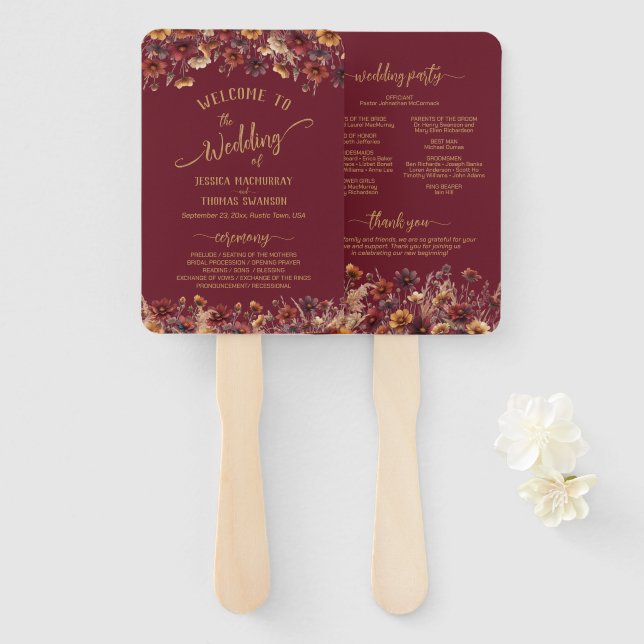 Leque Rustic Burgundy Boho Wildflowers Wedding Program (Frente e Verso)