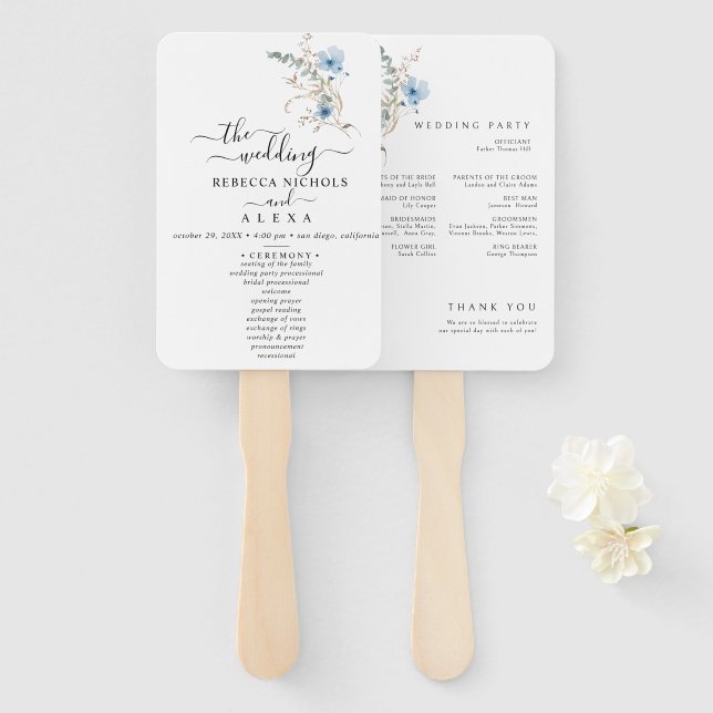 Leque rustic dusty Blue watercolor flower bouquet (Frente e Verso)