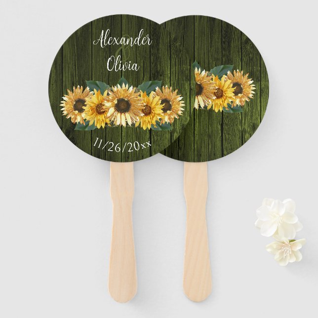 Leque Rustic Green Sunflower Weding Favor Hand Fan (Frente e Verso)