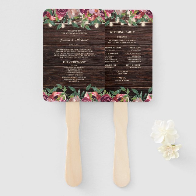 Leque Rustic String Lights Burgundy Floral Program (Frente e Verso)