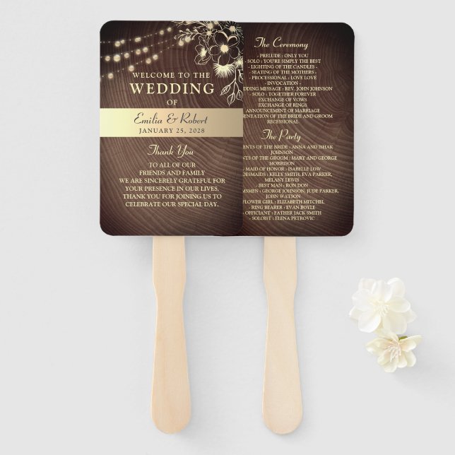 Leque Rustic String Lights Wedding Fan Program (Frente e Verso)