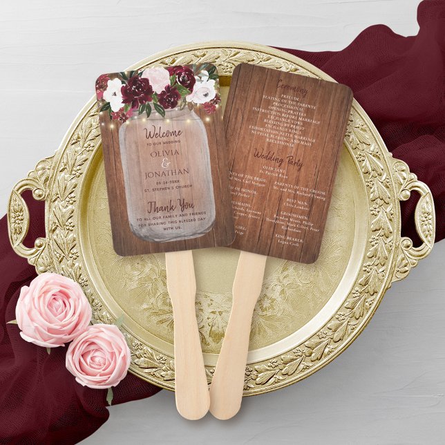 Leque Rustic Wood Burgundy Floral Mason Jar Wedding (Criador carregado)