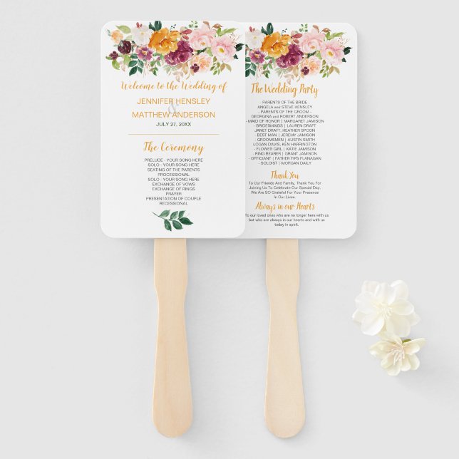 Leque Saffron, Burgundy, Mauve, Casamento Floral Rosa (Frente e Verso)