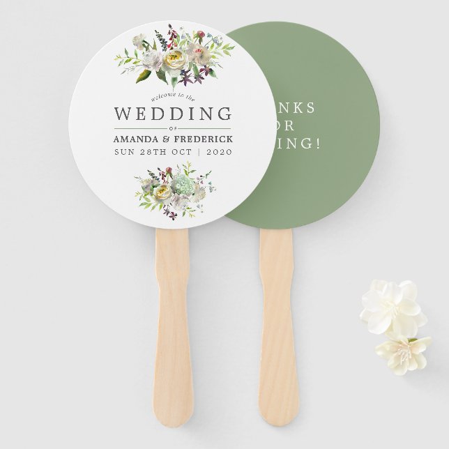 Leque Sage Green e White Floral Weding Favor (Frente e Verso)