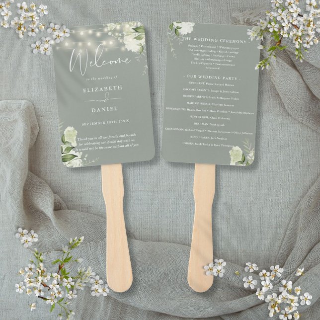 Leque Sage Green Floral String Lights Weding Program (Sage Green Floral String Lights Wedding Program Hand Fan)