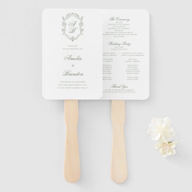 Leque Sage Green Leaf Monograma Crest Weding Program (Frente e Verso)