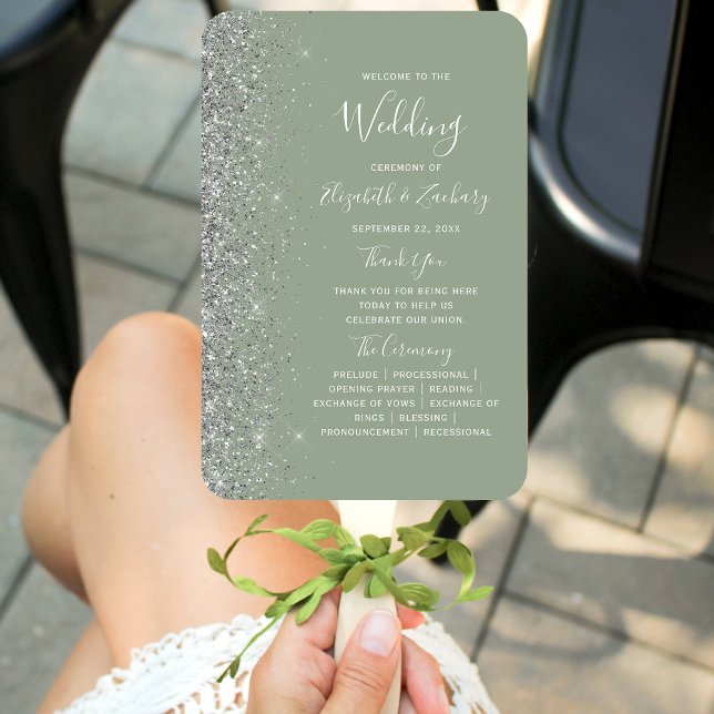 Leque Sage Green Silver Glitter Edge Weding Program (Criador carregado)