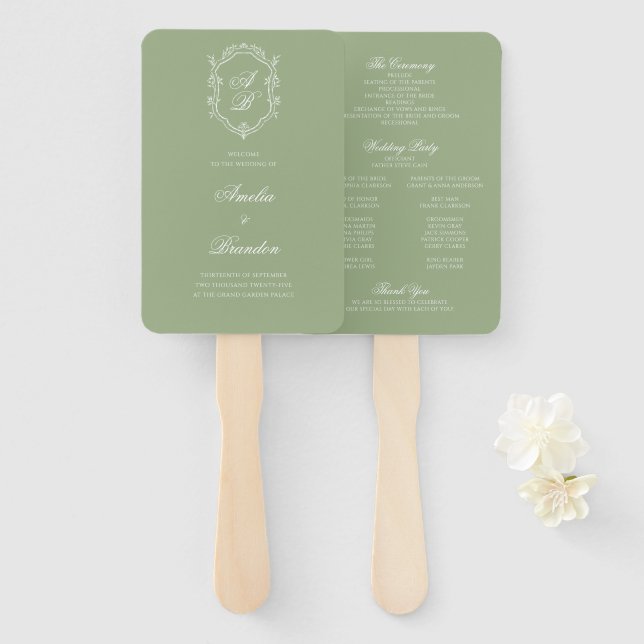 Leque Sage Green & White Monogram Crest Wedding Program (Frente e Verso)
