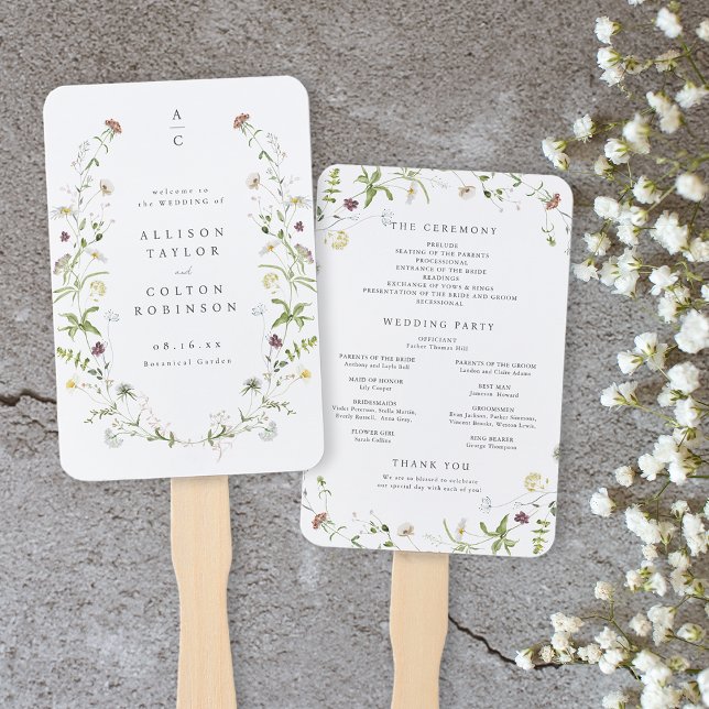 Leque Sage Green Wildflower Rustic Boho Weding Program (Elegant Wildflower Rustic Boho Wedding Program Hand Fan)