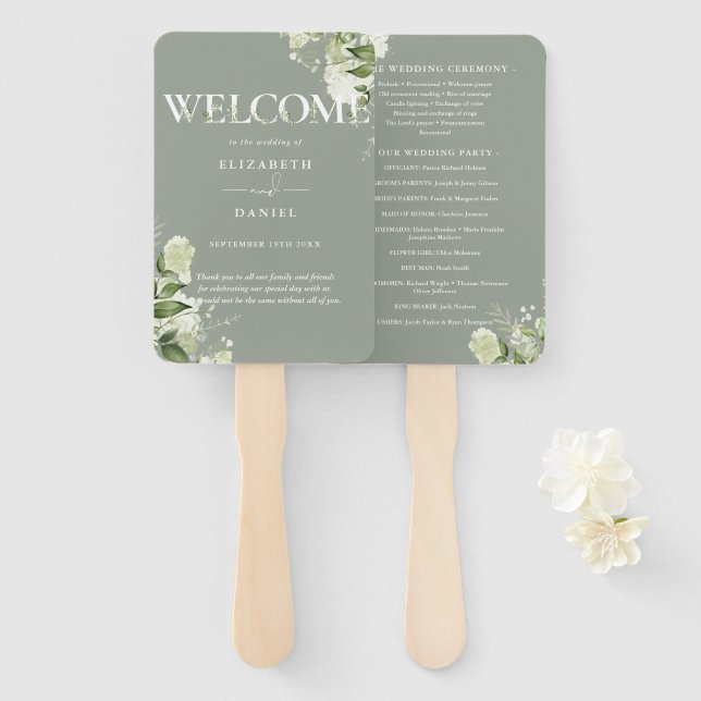 Leque Sage Greenery Floral Typografia Weding Program (Frente e Verso)