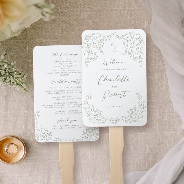 Leque Sage Vintage Flourish Monograma Wedment (Sage Green Vintage Flourish Monogram Wedding Program Hand Fan)
