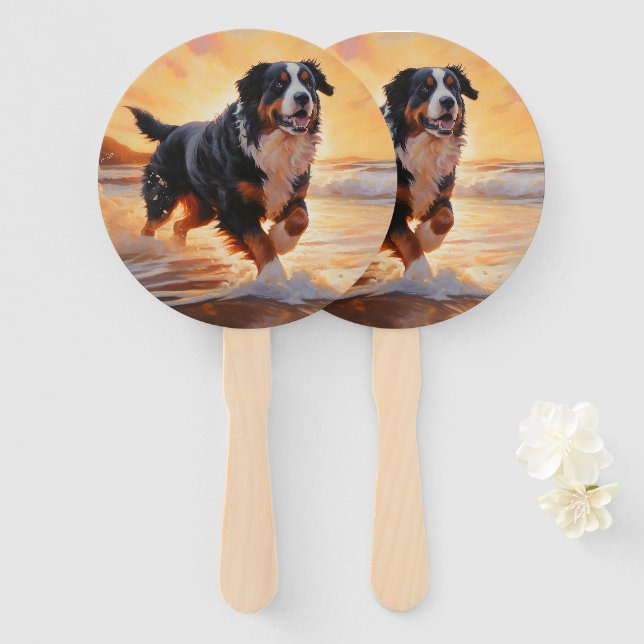 Leque Sandy Paws Bernese Mountain Dog em Beach Sunset (Frente e Verso)