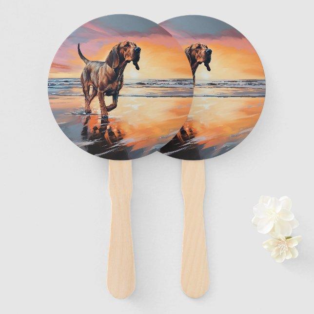 Leque Sandy Paws Bloodhound Dog em Beach Sunset (Frente e Verso)