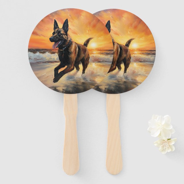 Leque Sandy Paws Cachorro Malinois Belga em Beach Sunset (Frente e Verso)