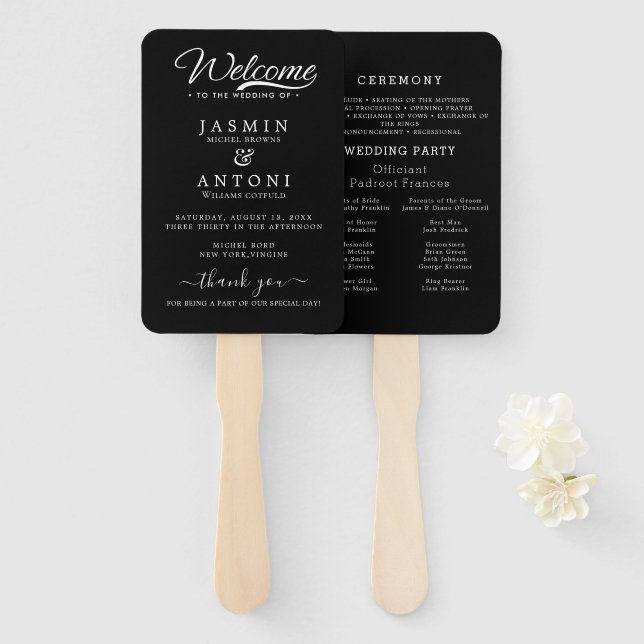 Leque Script Minimalista Moderno Preto | Casamento (Frente e Verso)