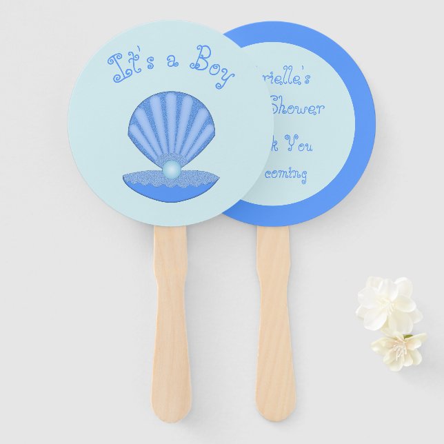 Leque Shell de Ostra Blue Baby Boy e Chá de fraldas de p (Frente e Verso)