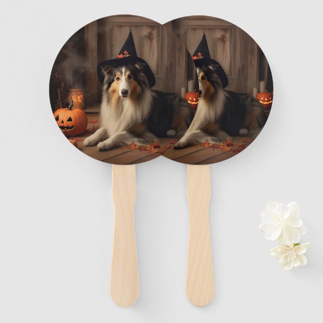 Leque Shetland Sheepdog Pumpkins Halloween Assustado (Frente e Verso)