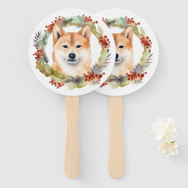 Leque Shiba Inu Wreath Festivo (Frente e Verso)