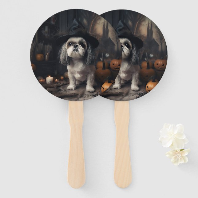 Leque Shih Tzu Abóboras Halloween Assustador (Frente e Verso)