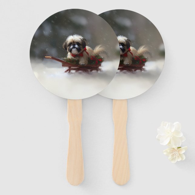 Leque Shih Tzu Natal neve inverno (Frente e Verso)