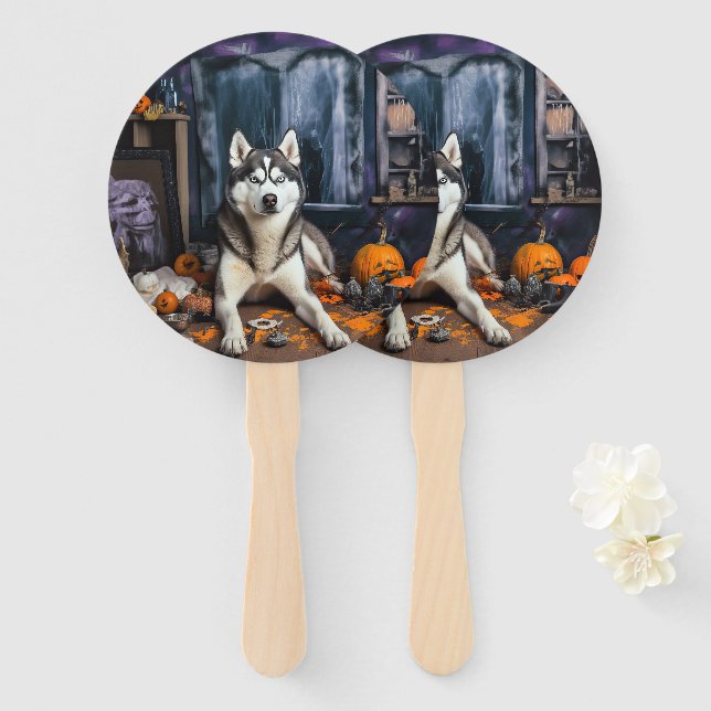 Leque Siberian Husky Pumpkins Halloween Scary (Frente e Verso)