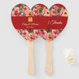 Leque Símbolo de dupla felicidade com fundo de flor rosa