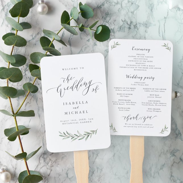 Leque Simples caligrafia, programa de casamento russo (Simple calligraphy rustic greenery wedding program hand fan)