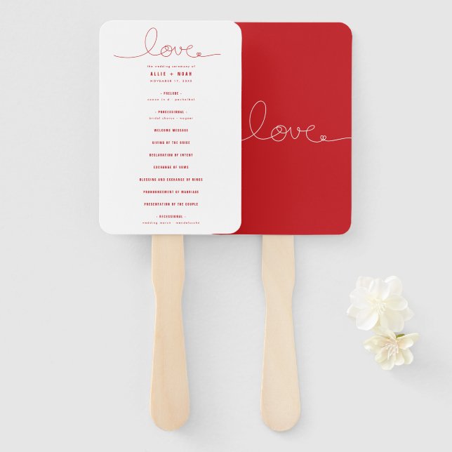 Leque Simples Loopy Love Lines Red Heart Weding Program (Frente e Verso)