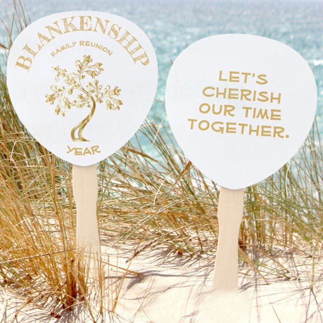 Leque Sindicato da Família Personalizada Árvore Dourada  (Use this family reunion hand fan gold tree design for table decor, a fan or a keepsake. )