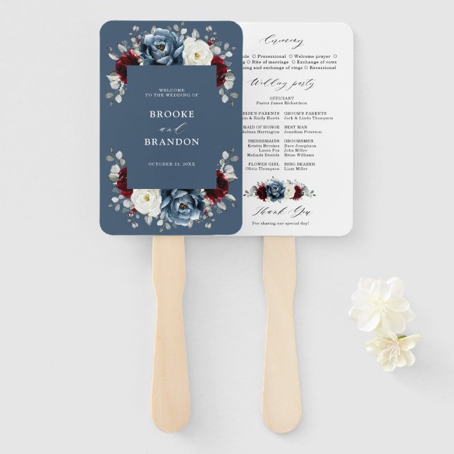 Leque Slate Blue Burgundy White Ivory Weding Program (Frente e Verso)